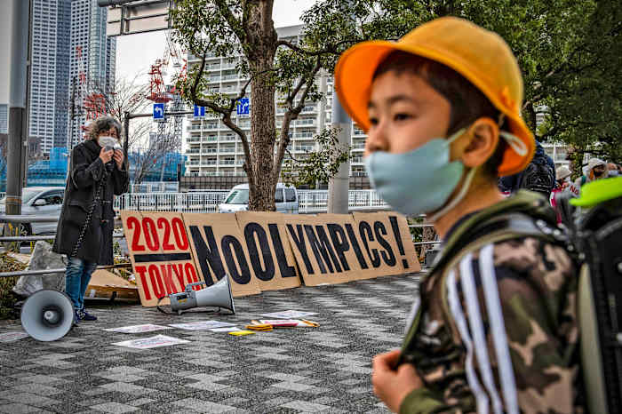 Protests in Tokyo against the Games, like this one in February, have been lonely affairs.